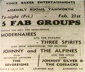 21/02/64 - The Modernaires, The Three Spirits, Johnny and the Alpines, The Sovereigns and Johnny Silver and the Cossacks - Assembly Rooms - Admission: 7/6 8.00pm-1.00am - Vince Baker Entertainments