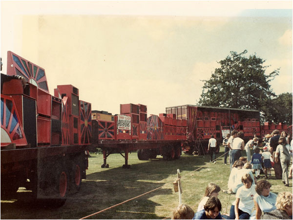 Pics of the disco that took me 20 years to build after the first lot was stolen. It was at Tamworth, Wiggington Park. The Mayor of Tamworth, Mr Smith wrote to the Guinness Book of Records on our behalf to ask them to come and take a look but they refused. We filled five 60 foot articulated lorries that day and it took five hours to wire it up. We also had 6,000 doing the rowing boat song which I think would have been a record.