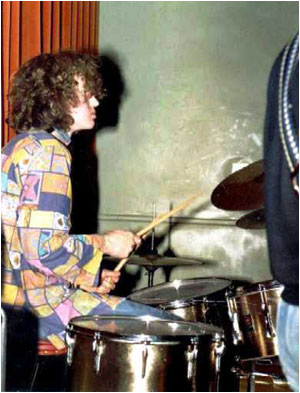 Donald Skinner playing drums with (Fetch) The Comfy Jigsaw at the Wigginton Village Hall gig.