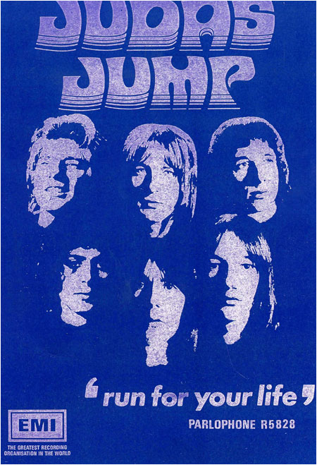 A promotional advert for the band JUDAS JUMP featuring Charlie Harrison. A really rare advert for their single Run For Your Life on Parlophone.