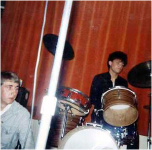 Private Property playing at Wigginton Village Hall in June 1982 with Andrew Baines on drums and sitting in the foreground is Tim Goode who, as previously explained, was muscling his way into the role of lead vocalist during that gig!!!